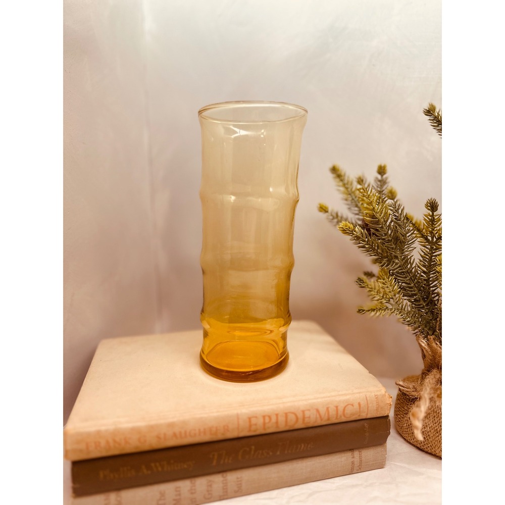 Vintage MCM Amber Ombre Glass Bamboo Vase Honey Gold 8in